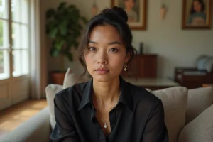 Femme élégante assise dans un salon lumineux et stylé