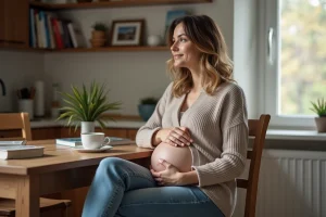 Femme enceinte assise à la maison contemplant son ventre