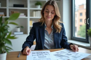 Femme cadre étudiant des documents immobiliers dans un bureau moderne pour son premier investissement