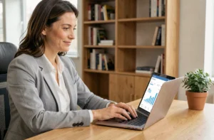 Femme entrepreneureure utilisant une solution de gestion d'entreprise en ligne sur son ordinateur portable dans un bureau moderne