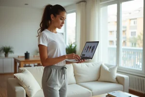 Femme consultant un guide de tailles Zalando sur son ordinateur portable dans un salon moderne