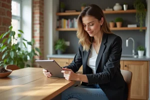 Femme confiante regardant des annonces immobilières sur une tablette
