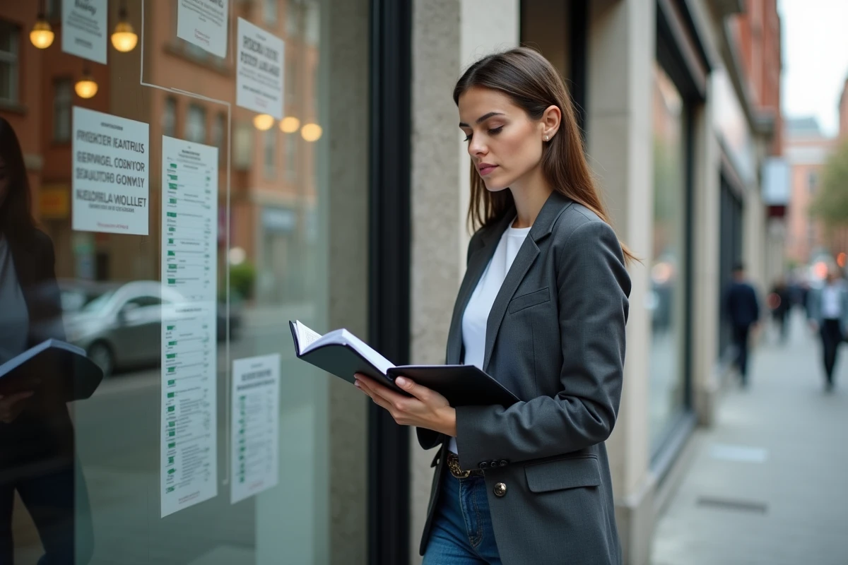 Jeune femme en blazer regardant les annonces immobilières
