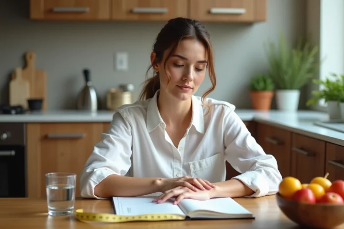 Femme consultant un journal nutritionnel pour calculer son poids santé idéal