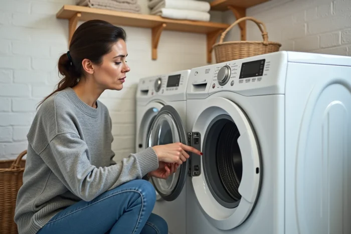 Femme examinant le panneau de la machine à laver