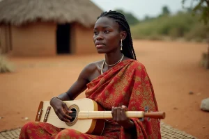 Femme malgache jouant de la valiha en tenue traditionnelle lamba dans un village rural de Madagascar