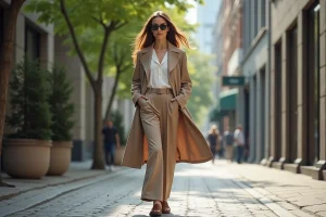 Femme élégante en trench et pantalons larges dans la ville