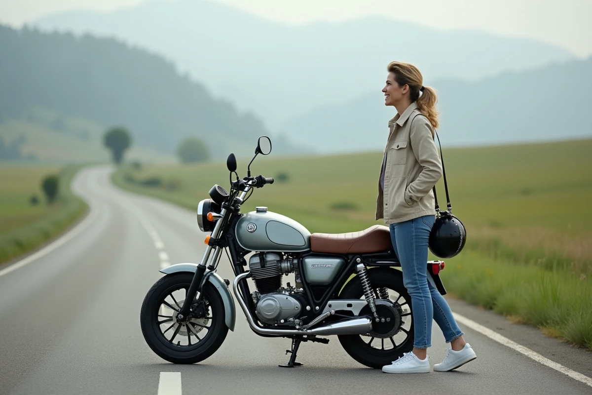 Femme avec moto vintage dans un paysage rural