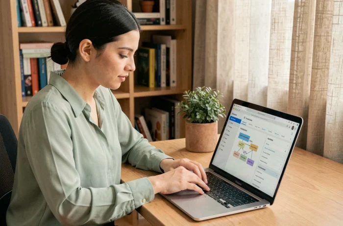Jeune femme naviguant sur un plan de site web depuis son bureau à domicile avec un ordinateur portable