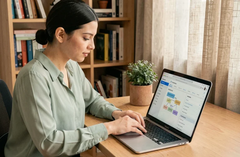 Jeune femme naviguant sur un plan de site web depuis son bureau à domicile avec un ordinateur portable