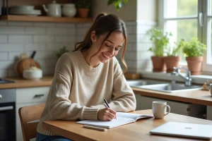 Femme écrivant dans un planner dans une cuisine chaleureuse
