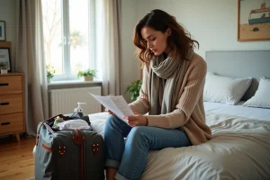Femme préparant ses affaires dans une chambre lumineuse