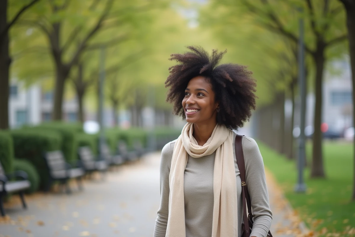 Femme décontractée se promenant dans un parc urbain