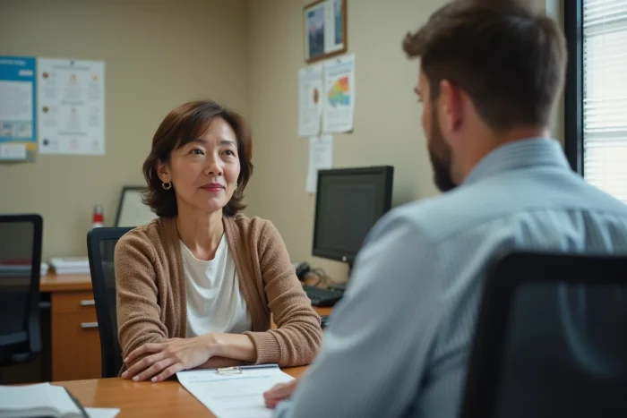 Femme d'âge moyen parlant avec un agent municipal