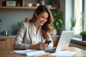 Femme souriante recevant un message sur son téléphone dans un appartement lumineux