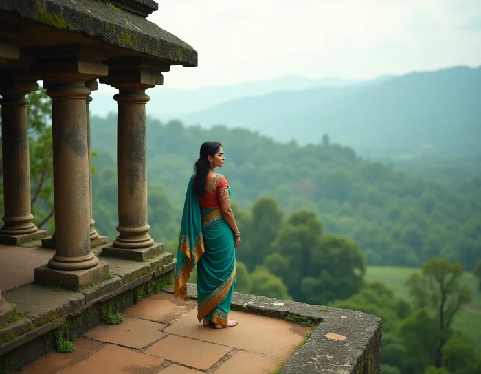 Femme en sari sur un temple ancien au Sri Lanka avec vue sur les plantations de thé et montagnes verdoyantes