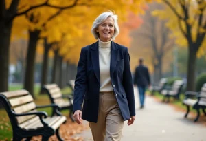 Femme élégante de 65 ans dans un parc automnal