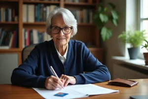 Une femme senior remplit un formulaire de renouvellement de carte Avantage SNCF à son bureau à domicile