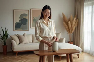 Femme souriante arrangeant un vase en décoration intérieure