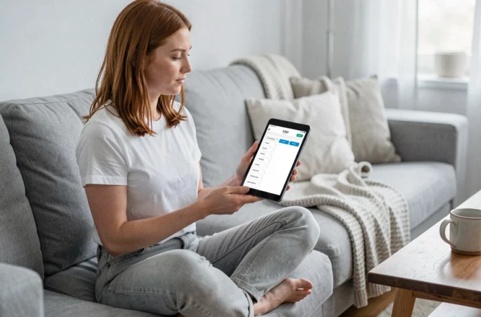 Femme consultant le plan d'un site web sur une tablette dans un salon moderne et détendu