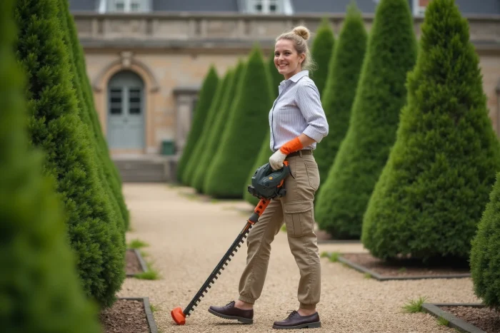 Femme admirant une haie de buis fraîchement taillée avec un taille-haie électrique sans fil dans un jardin à la française