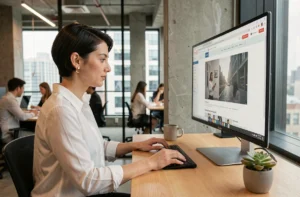 Femme professionnelle analysant les tendances web sur un grand moniteur dans un espace de coworking moderne