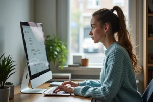 Jeune femme au bureau à la maison utilisant un ordinateur portable