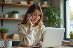 Femme souriante au téléphone dans son espace de travail à domicile
