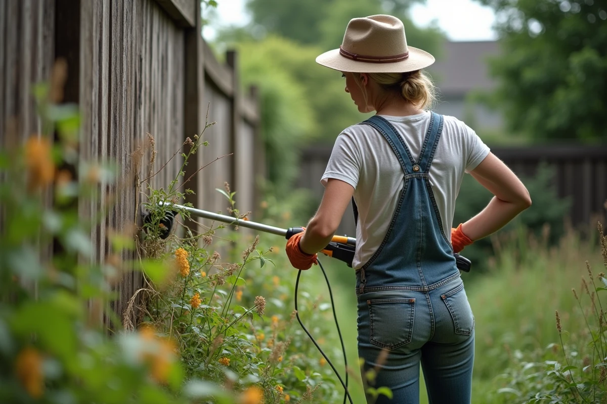 Femme active avec un coupe-buceaux dans un jardin sauvage