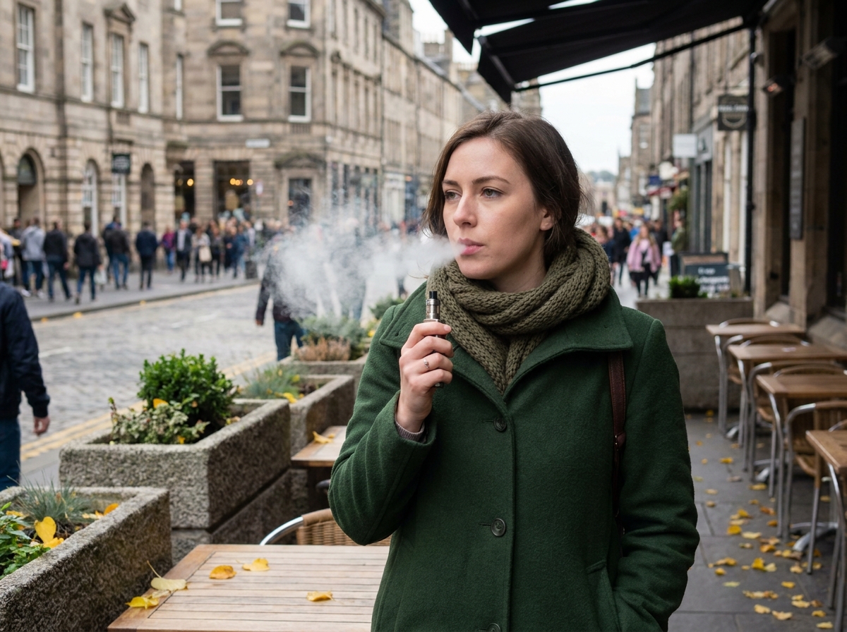Femme exhalant de la vapeur en terrasse de café