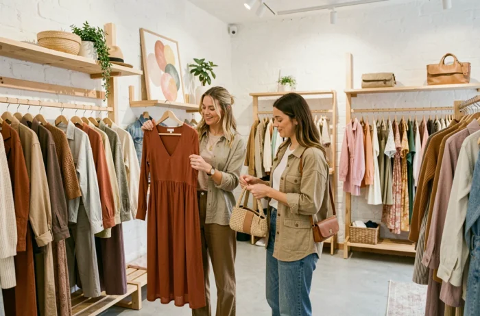 Deux femmes découvrant des vêtements tendance dans un concept store lumineux aux teintes naturelles, mode bien-être et style du quotidien