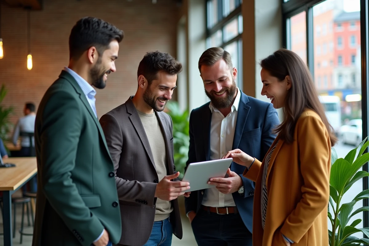 Groupe d entrepreneurs discutant autour d une tablette dans un espace de coworking