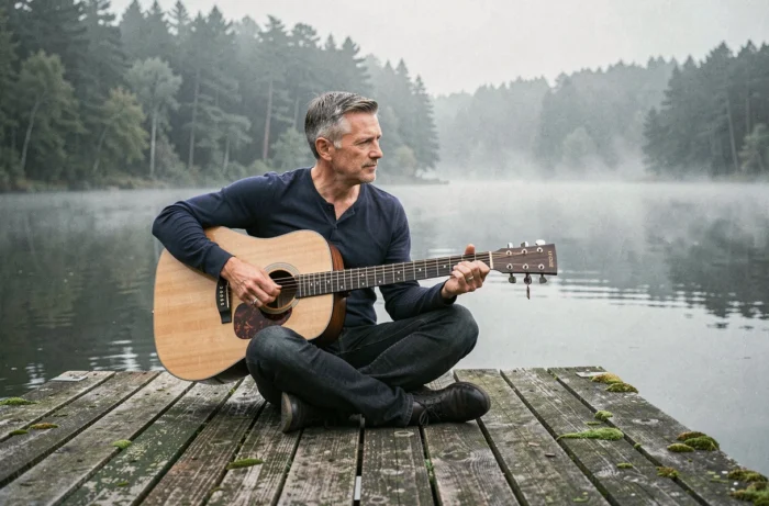 Homme jouant de la guitare acoustique sur un ponton au bord d'un lac brumeux, activité relaxante pour le temps libre en plein air