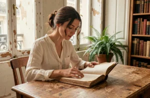 Jeune femme française feuilletant un livre de généalogie ancien dans un appartement parisien chaleureux, évoquant l'histoire du prénom Lucie
