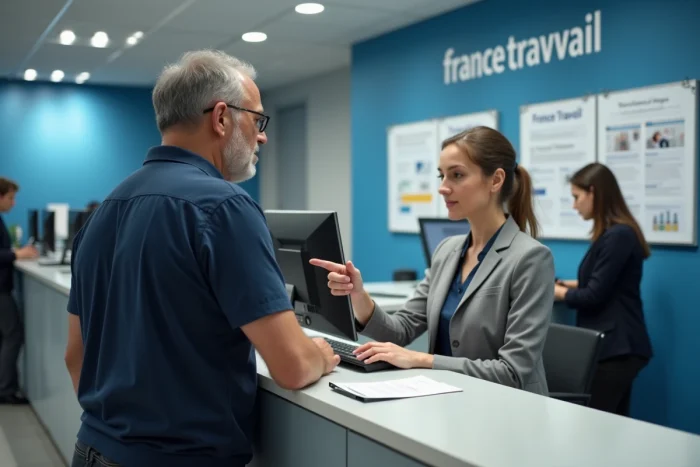Homme en rendez-vous à l'agence France Travail pour mettre à jour ses critères Pôle emploi avec un conseiller
