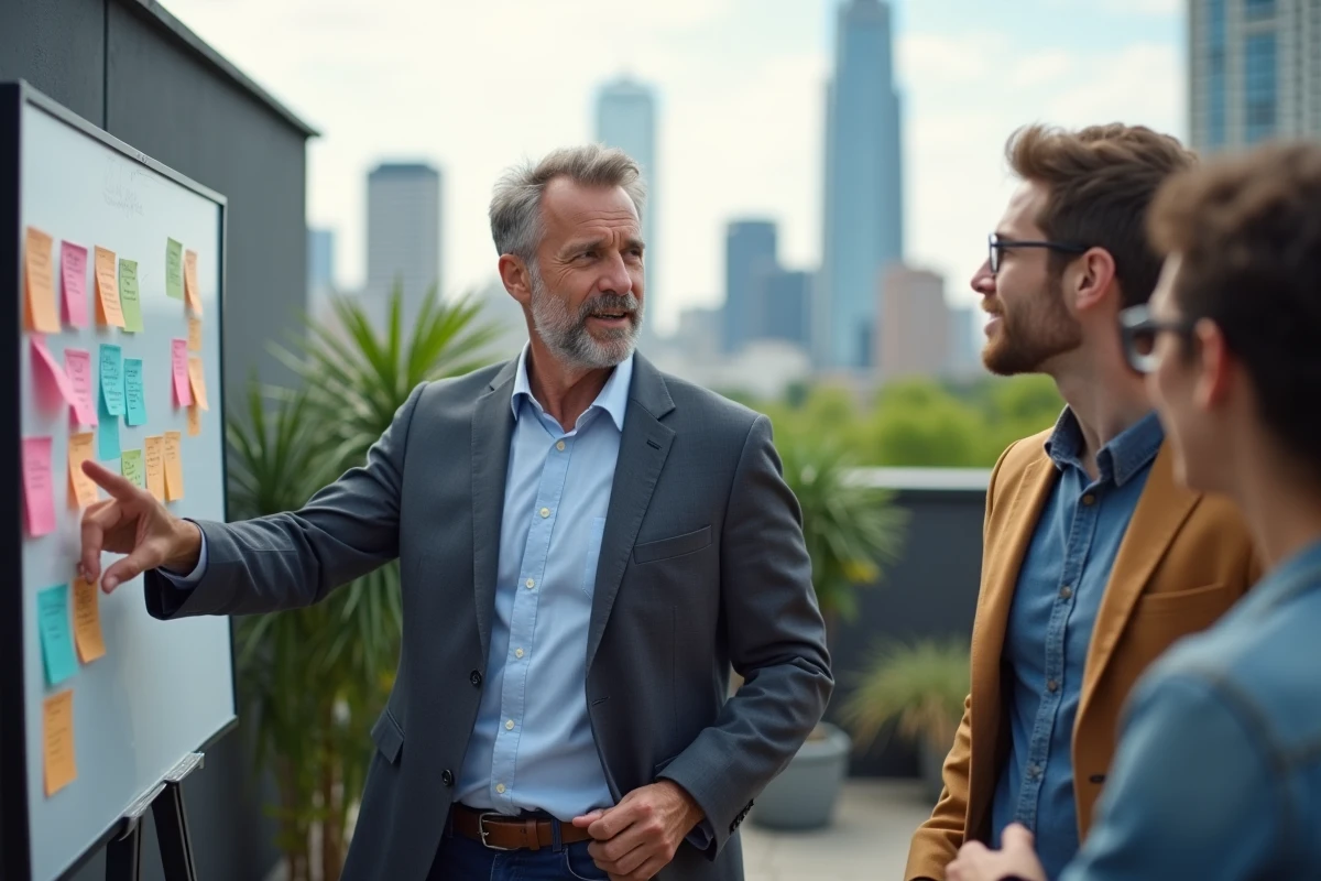 Homme en blazer dirigeant une réunion en extérieur