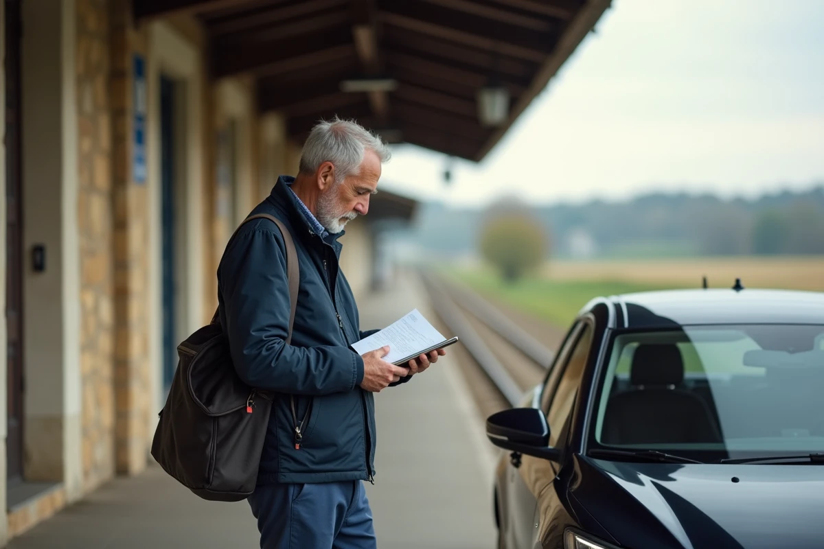 Homme en tenue casual attendant à la gare rurale