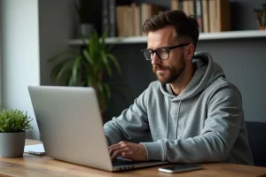 Homme concentré recherchant des listes de serveurs eMule sur son ordinateur