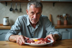 Homme d'âge moyen regardant des aliments interdits pour la goutte