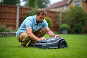 Homme d'âge moyen utilisant une tondeuse robotique dans le jardin