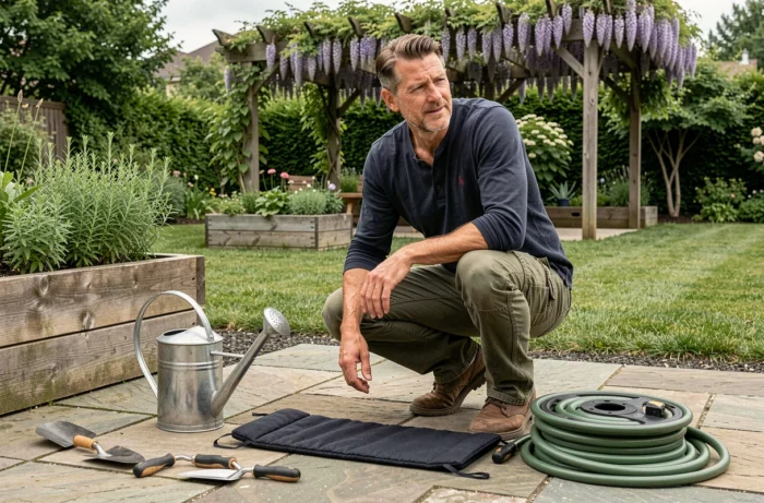 Homme évaluant des équipements de jardin disposés sur une terrasse en pierre dans un jardin résidentiel