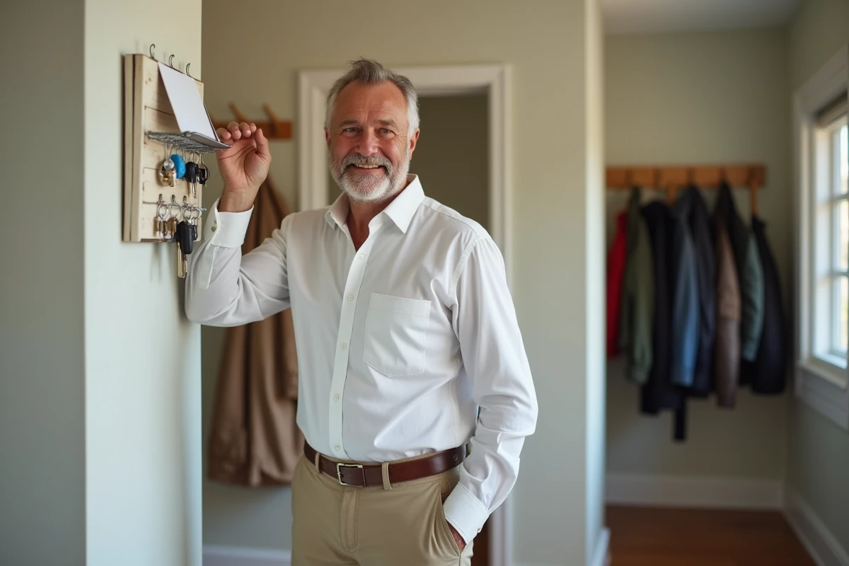 Homme accrochant ses clés dans un hall organisé
