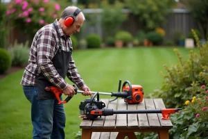 Homme d'âge moyen avec équipement de jardinage dans un jardin