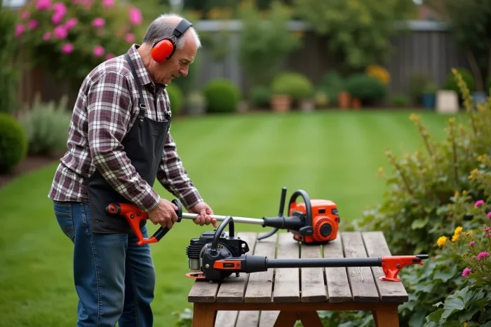 Homme d'âge moyen avec équipement de jardinage dans un jardin