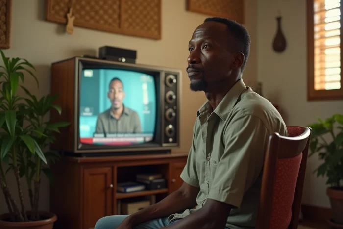 Homme malgache regardant les actualités locales à la télévision dans un salon traditionnel à Madagascar