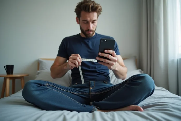 Homme prenant ses mesures avec un mètre ruban en consultant un tableau de tailles sur smartphone