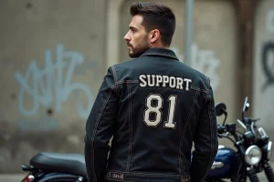 Homme en denim noir et patch Support 81 à côté d'une moto