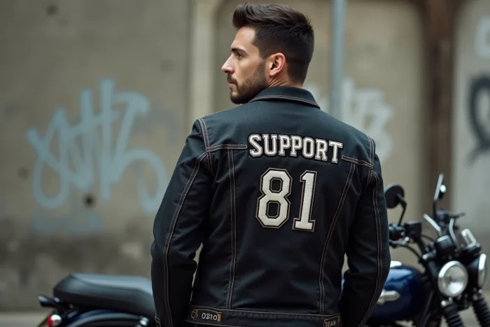 Homme en denim noir et patch Support 81 à côté d'une moto