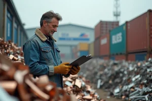 Homme d'âge moyen examinant des métaux recyclés en extérieur