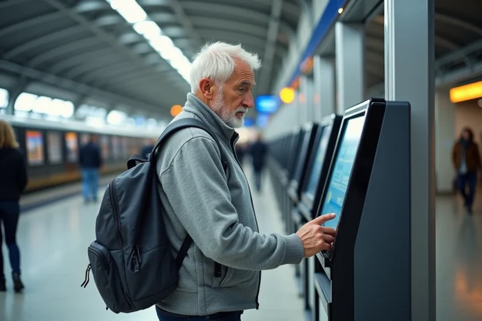 Un homme senior renouvelle sa carte Avantage SNCF à une borne automatique en gare